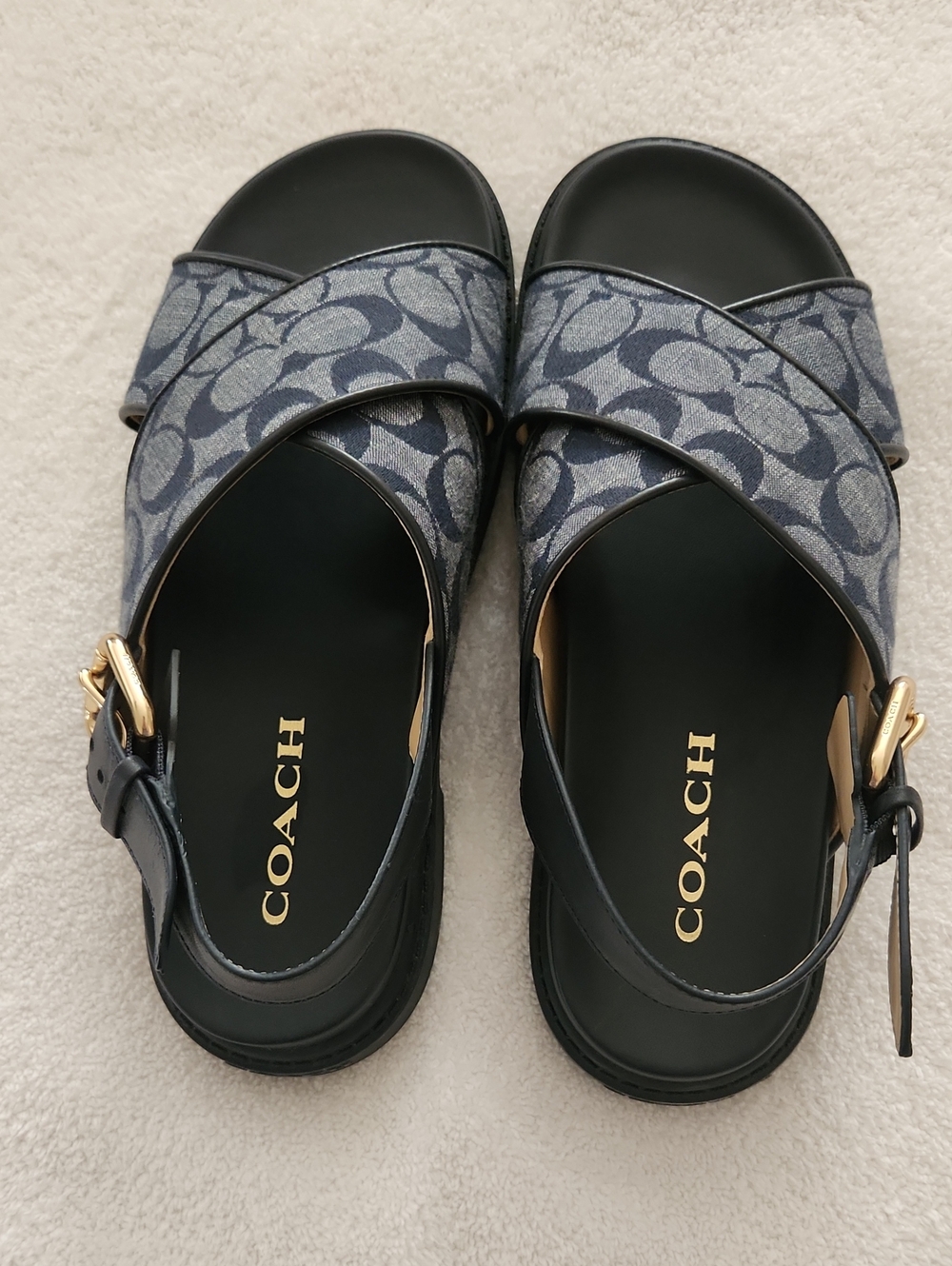 Coach Fraser Navy Chambray Strap Sandals with Gold Buckles Size 8. Worn Once!